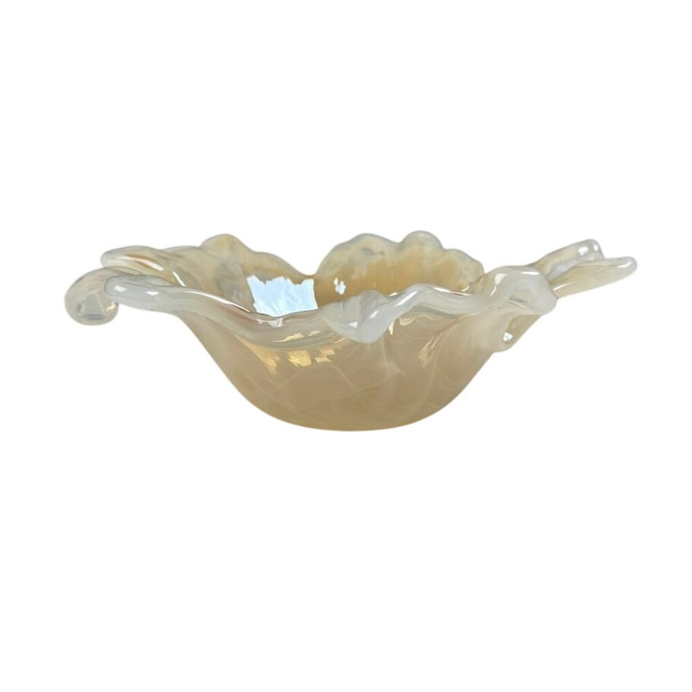 Vintage Handblown Ruffled Edge‎ Art Glass Flower Petal Bowl Opalescent Swirl